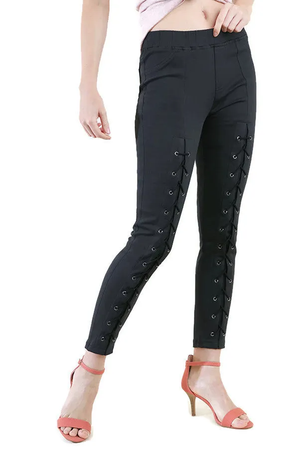 High Waist Leggings with Lace Up Details, Black