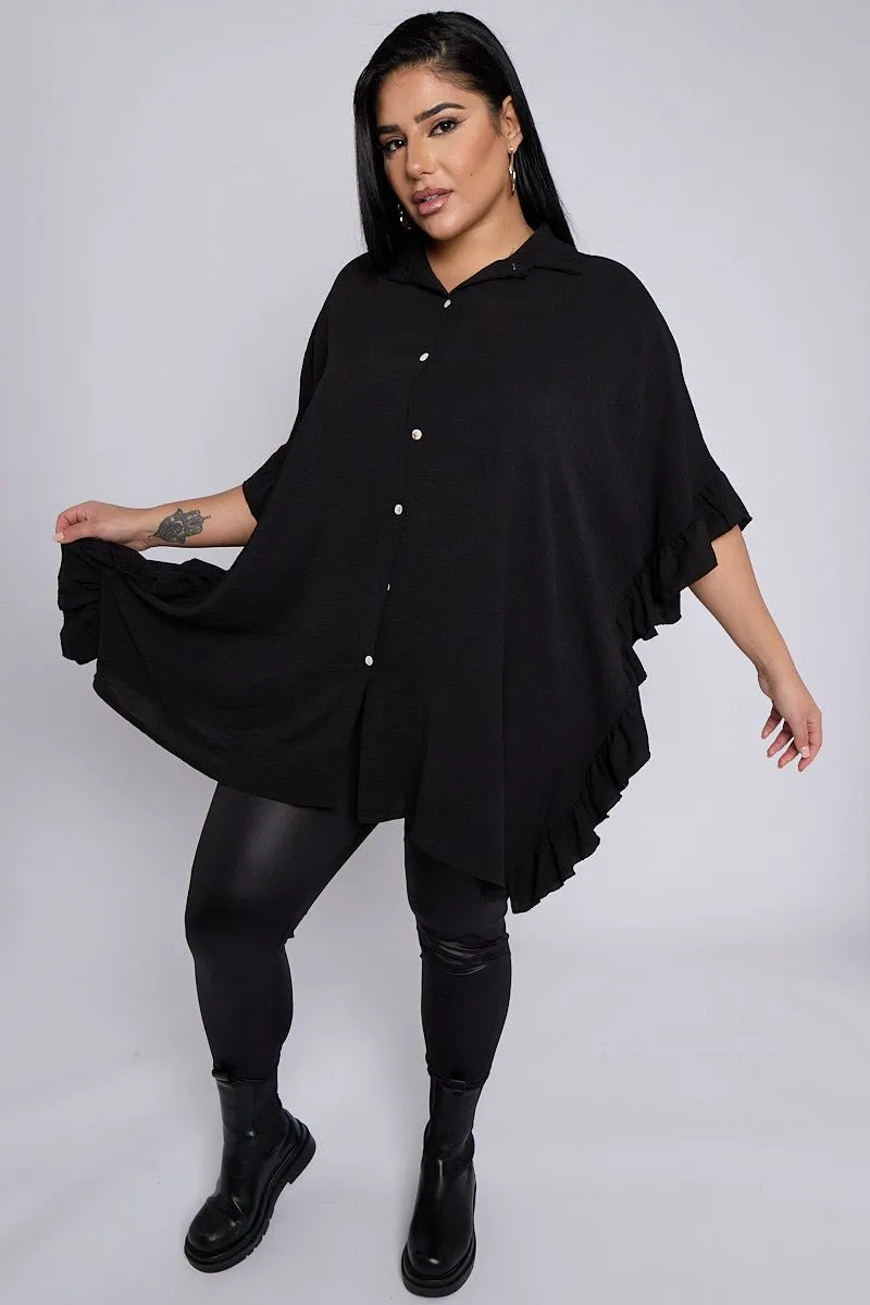 Isla PLUS SIZE Black Button Through Short Sleeve Shirt With Frill Side Detail