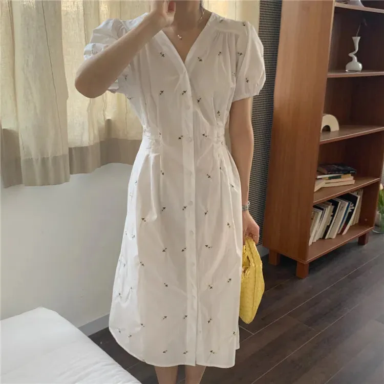 Joskka  New Women Summer Dresses Casual Embroidery Floral Puff Sleeve Buttons High Waist Vintage Back Hollow Out Long Dress