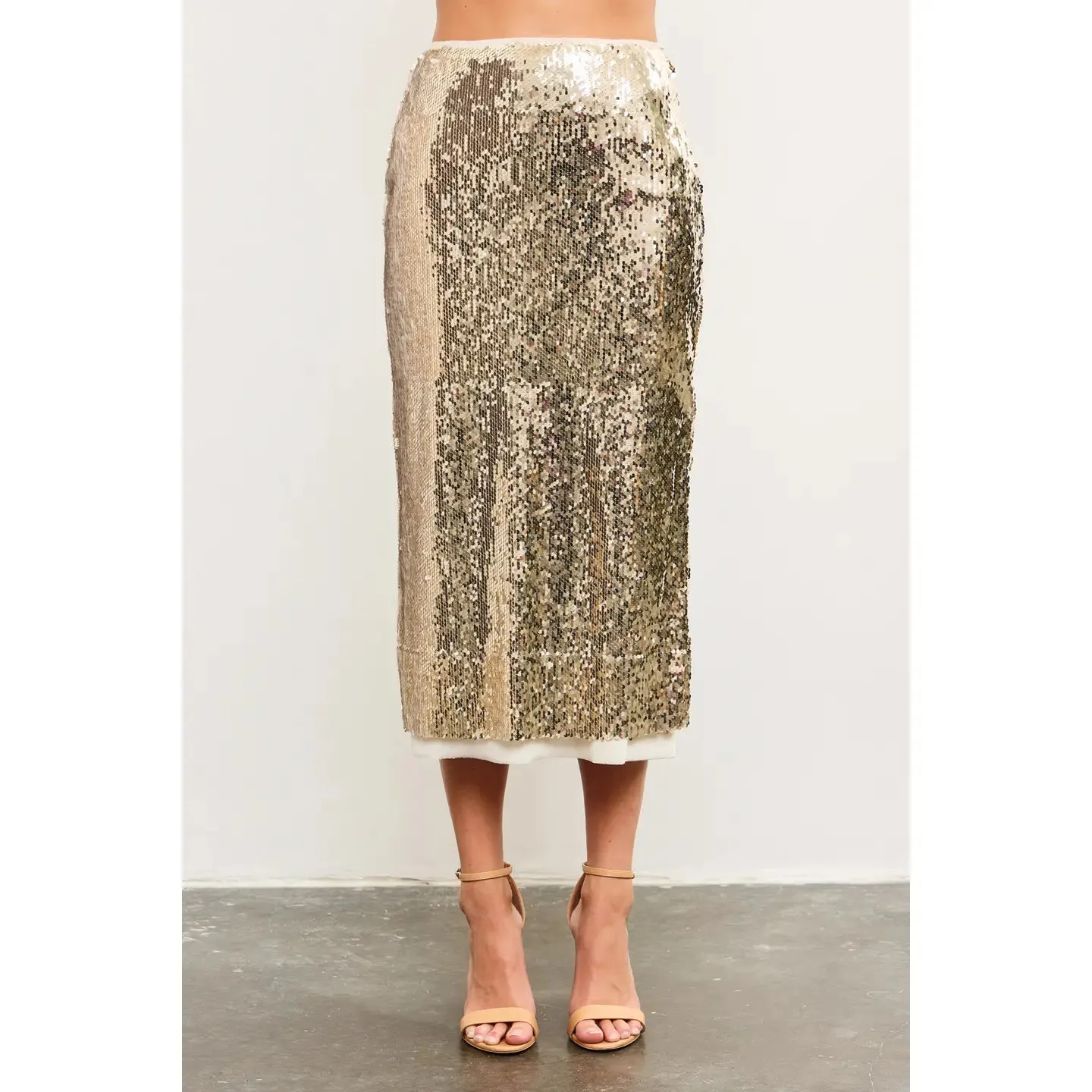 Layered Mesh Back Slit Sequin Midi Skirt