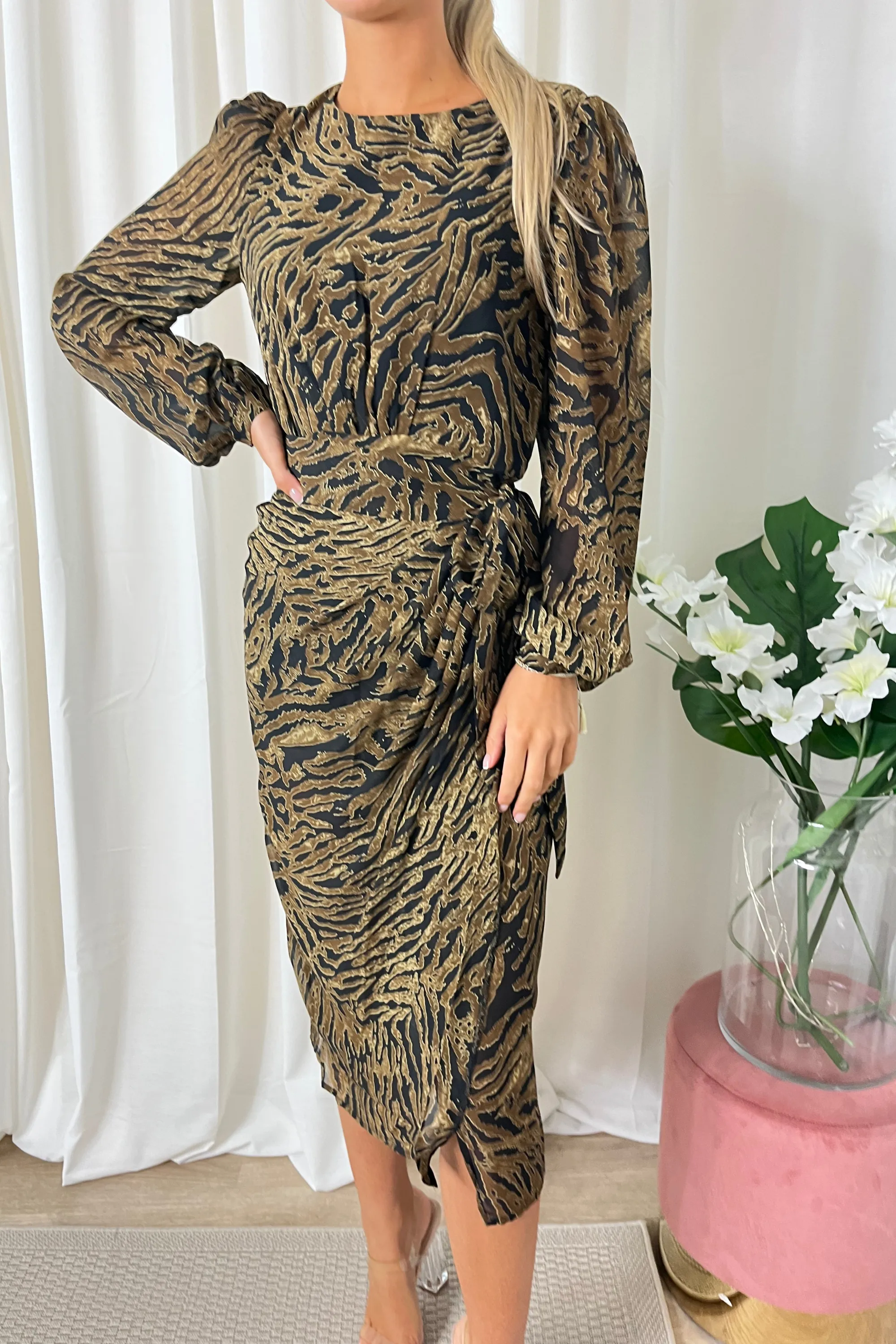 Long Sleeve Animal Print Wrap Dress