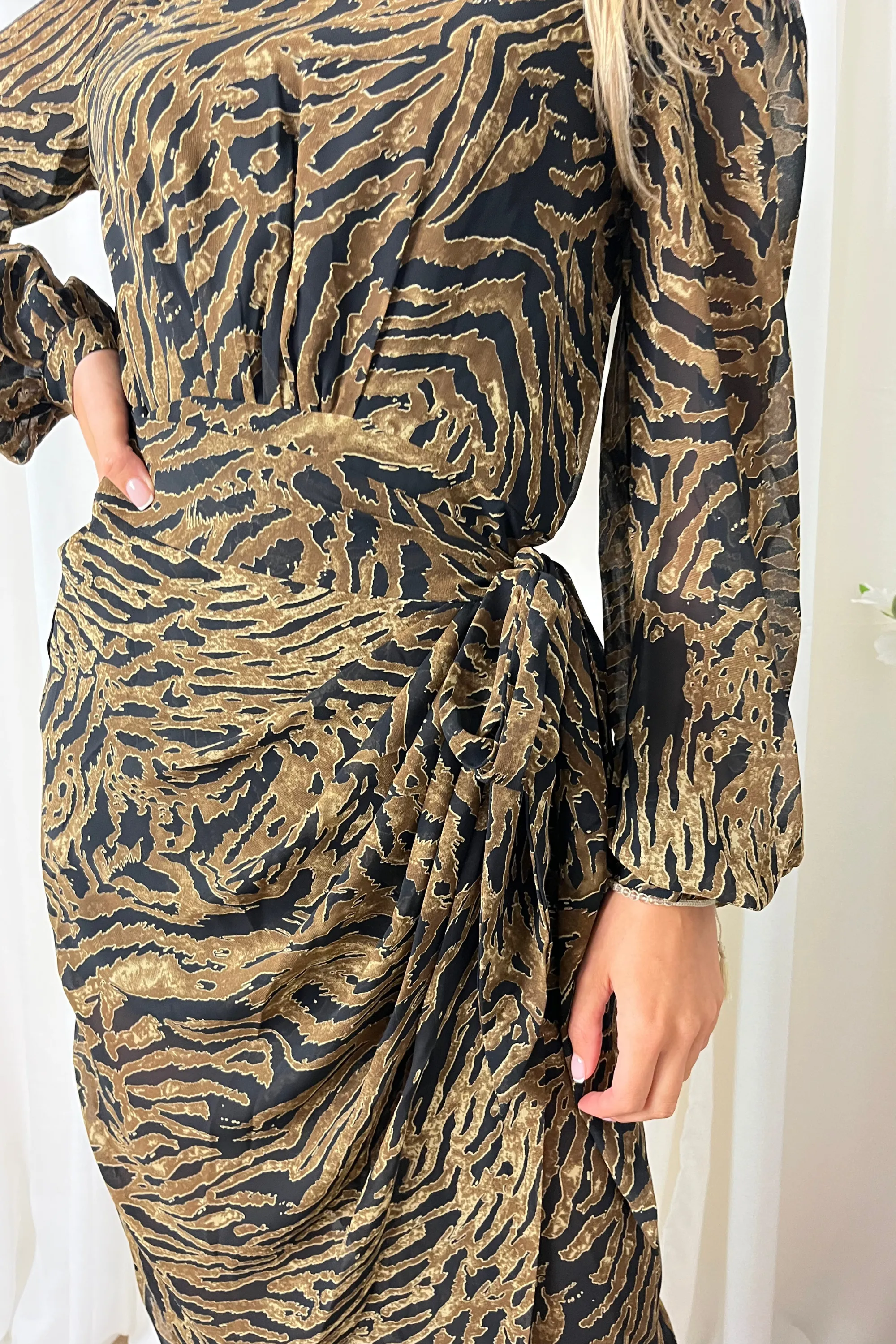 Long Sleeve Animal Print Wrap Dress