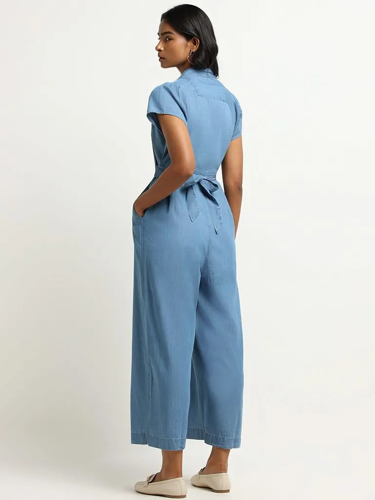 LOV Blue Buttoned Cotton Blend Jumpsuit