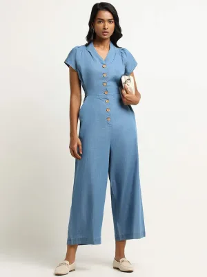 LOV Blue Buttoned Cotton Blend Jumpsuit