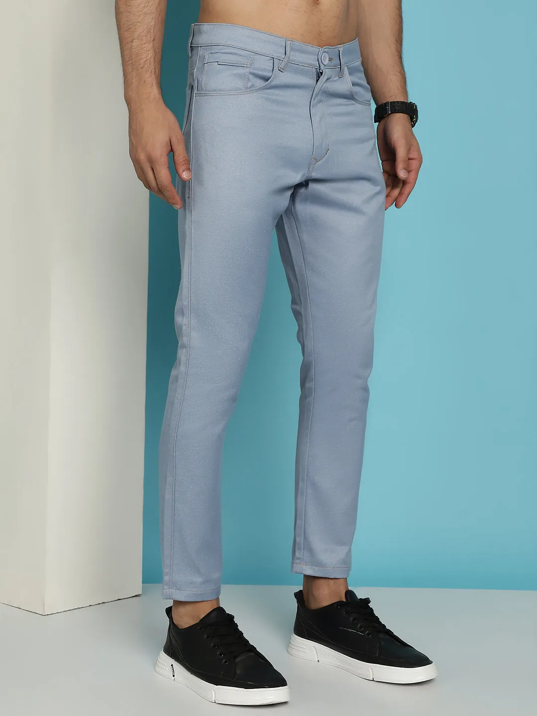 Men's Blue Solid Cotton Casual Trouser