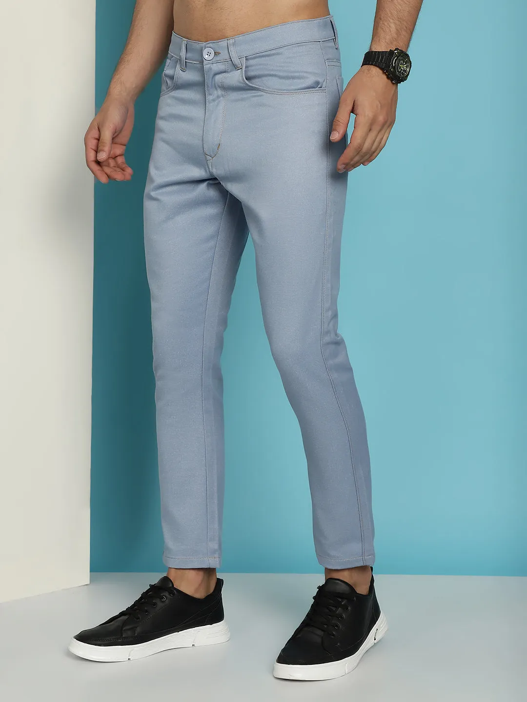 Men's Blue Solid Cotton Casual Trouser