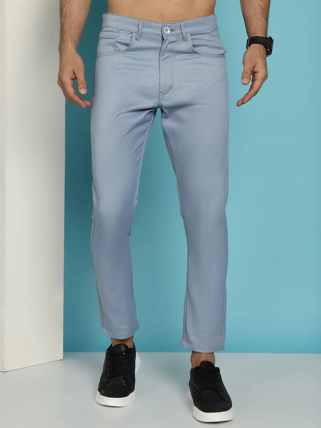 Men's Blue Solid Cotton Casual Trouser