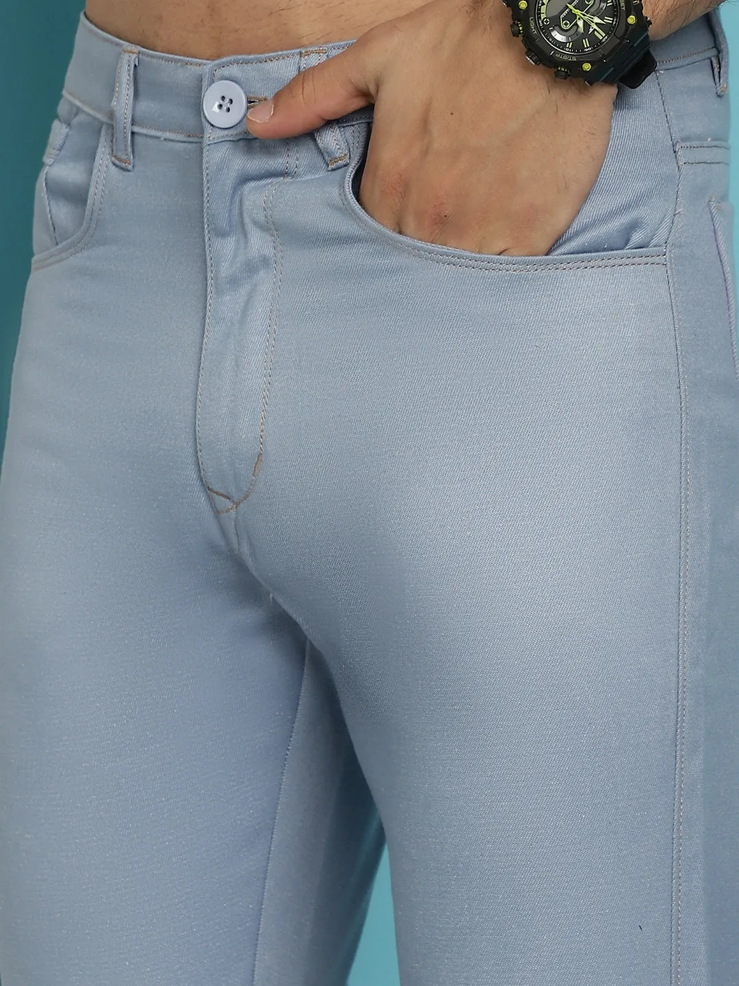 Men's Blue Solid Cotton Casual Trouser