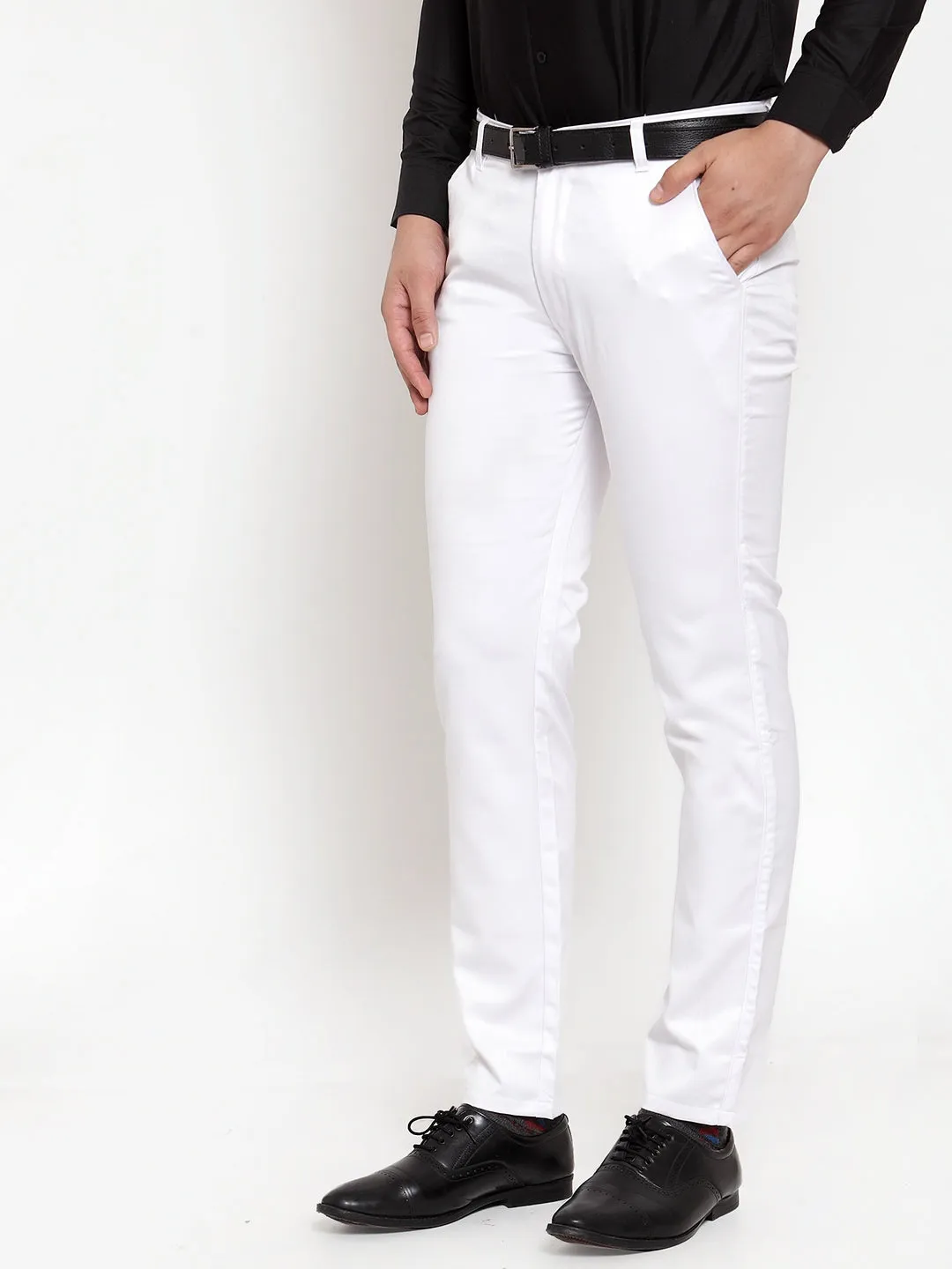 Men'S White Tapered Fit Formal Trousers