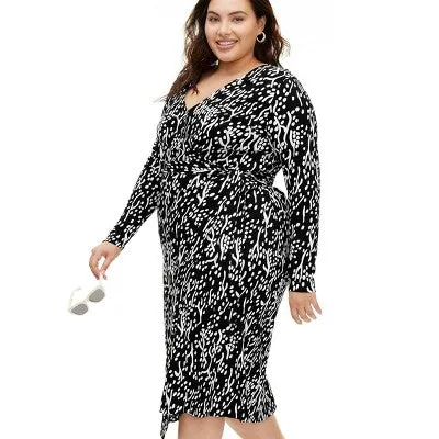 New - Women's Long Sleeve Midi Sea Spots Black Wrap Dress - DVF 2X