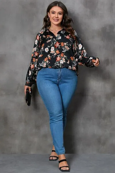 Plus Size Printed Johnny Collar Long Sleeve Blouse