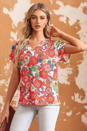 Printed Notched Short Sleeve Blouse