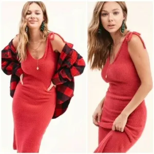 Red Midi Tie Shoulder Strap Knit Holiday Sweater Sexy Dress