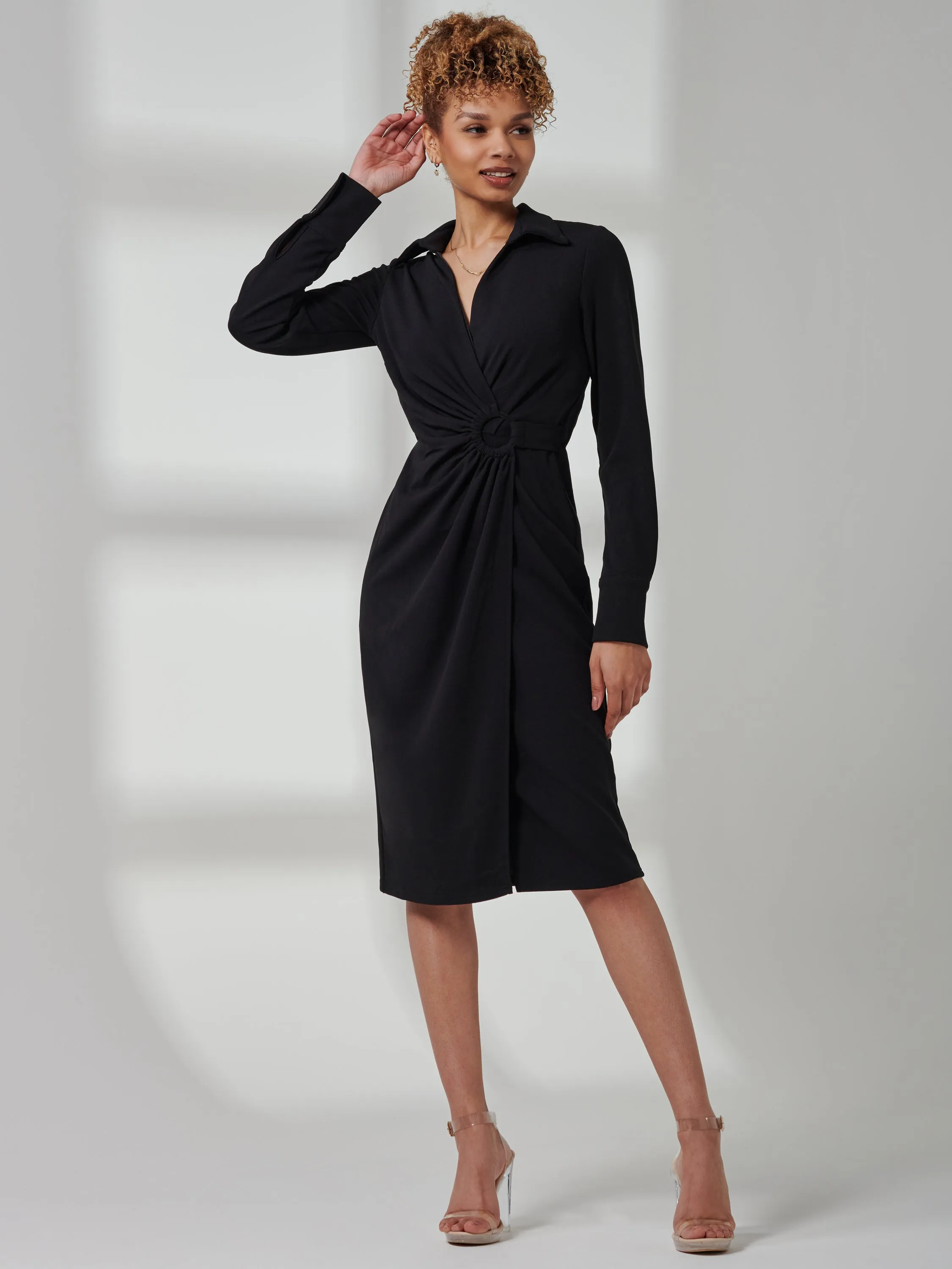 Reveka Wrap Ruched Shirt Dress, Black