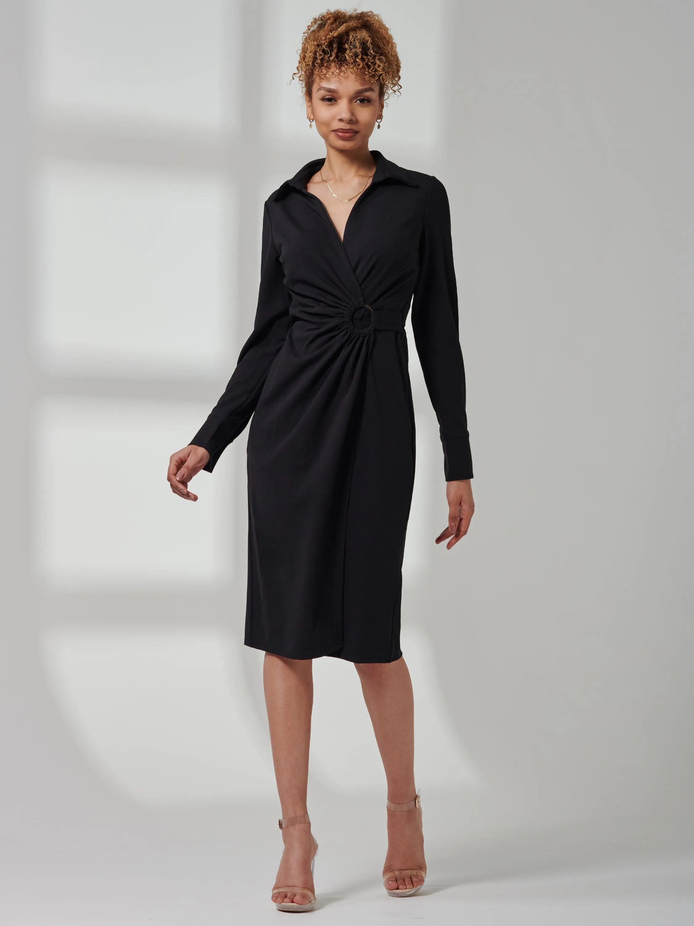 Reveka Wrap Ruched Shirt Dress, Black