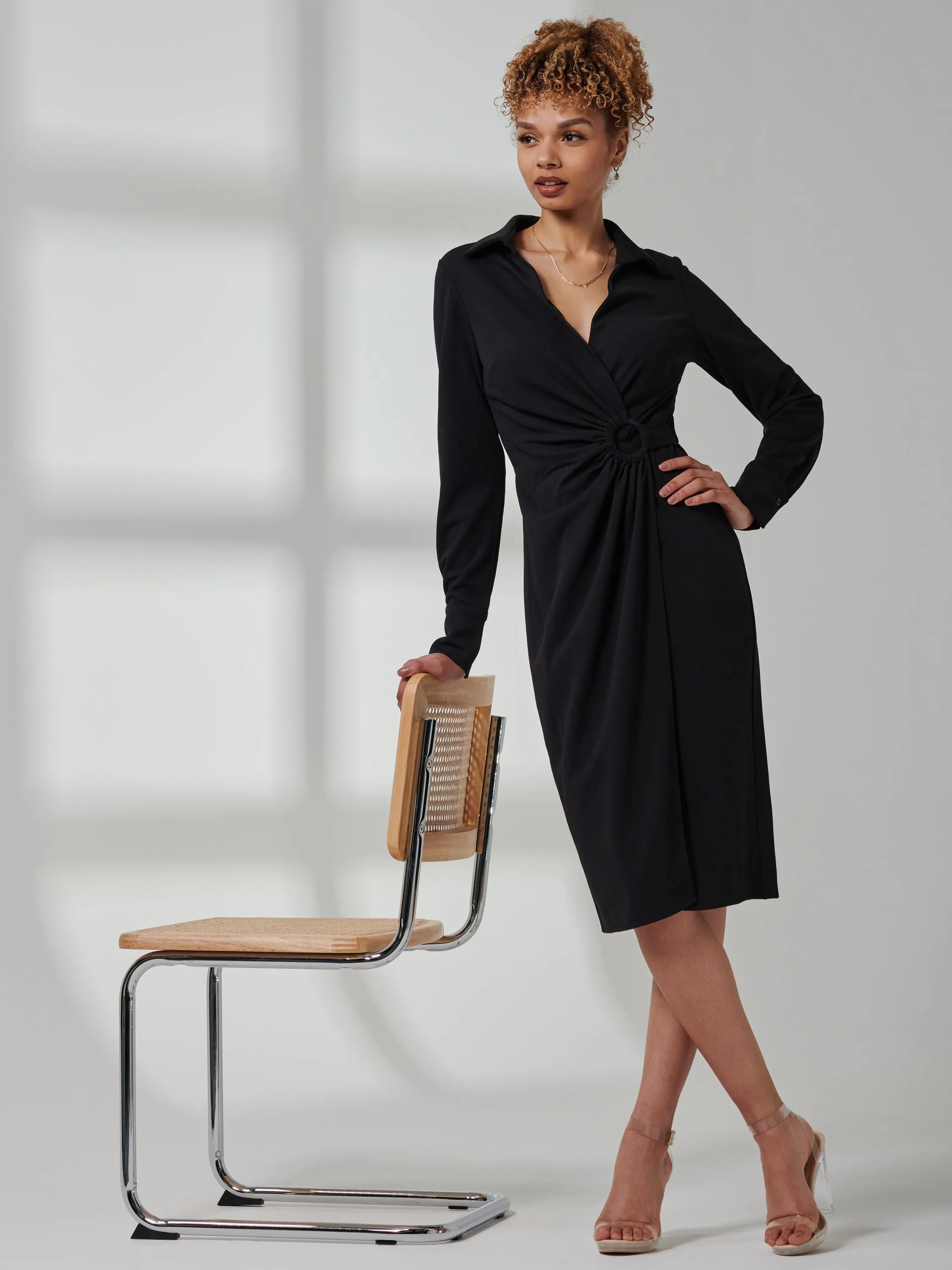 Reveka Wrap Ruched Shirt Dress, Black