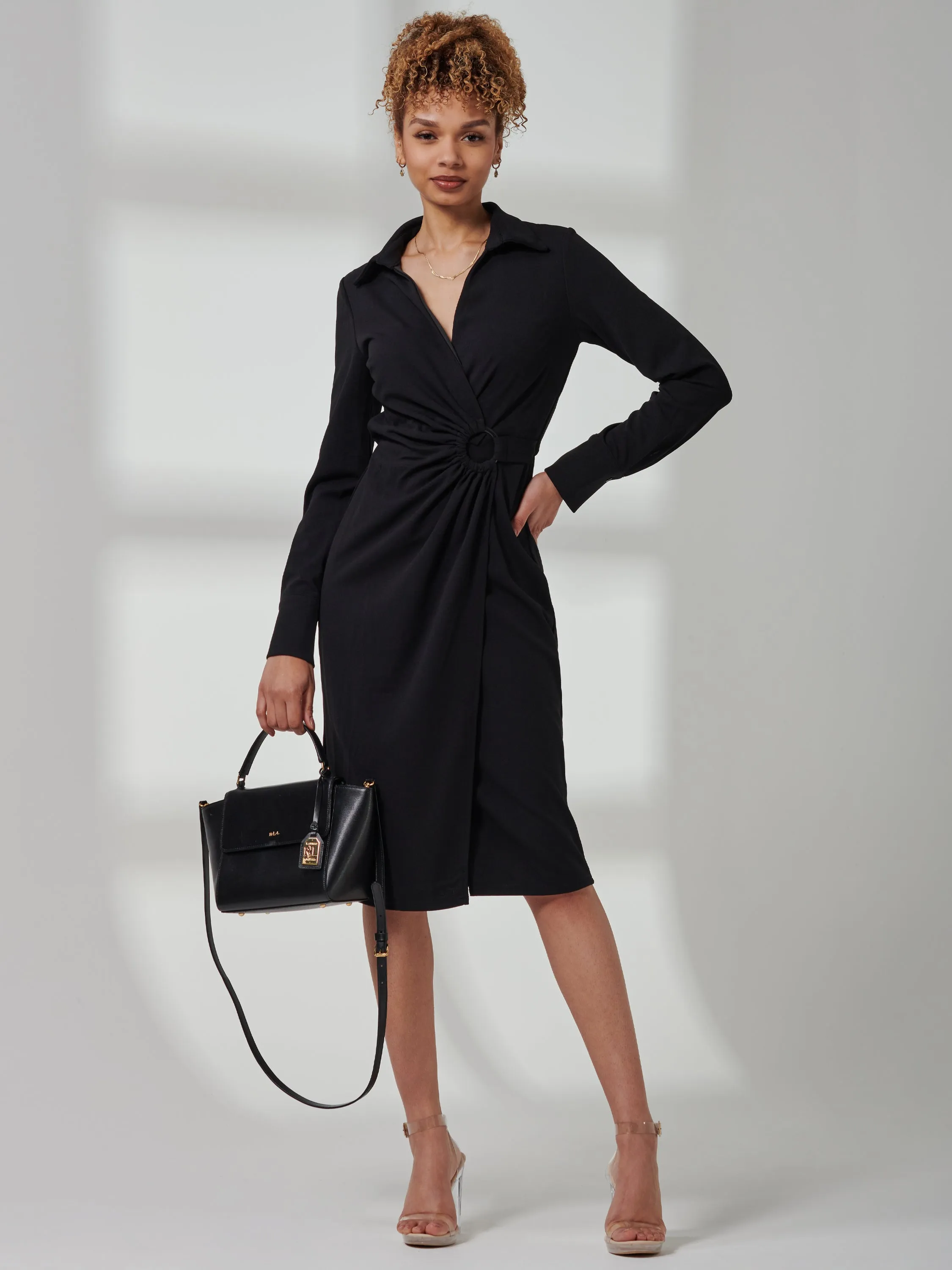 Reveka Wrap Ruched Shirt Dress, Black