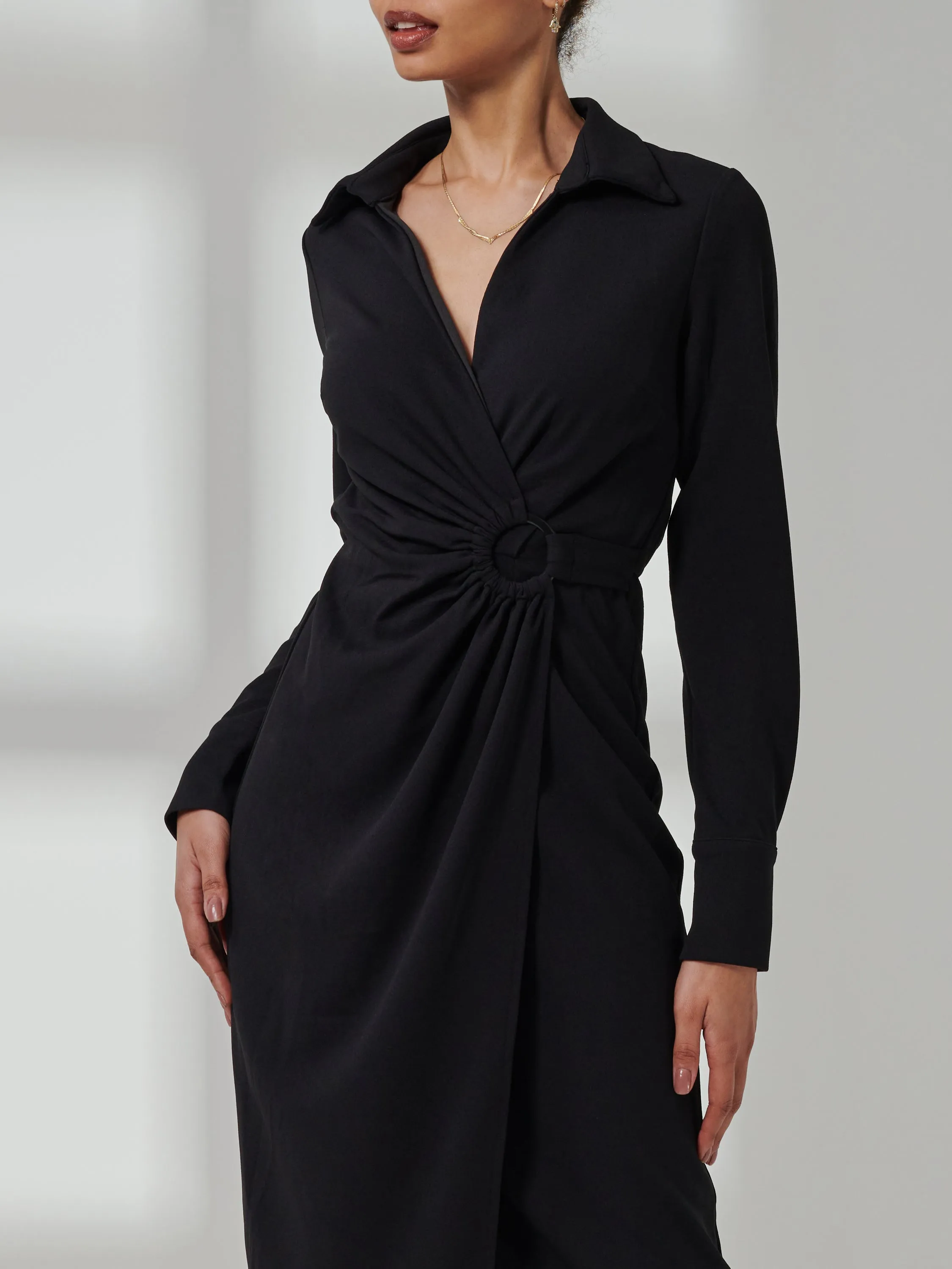 Reveka Wrap Ruched Shirt Dress, Black