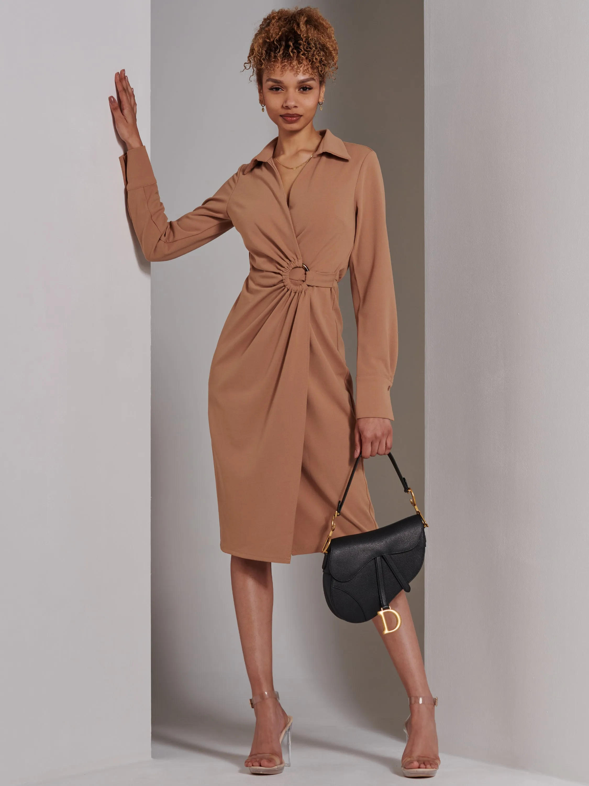 Reveka Wrap Ruched Shirt Dress, Camel