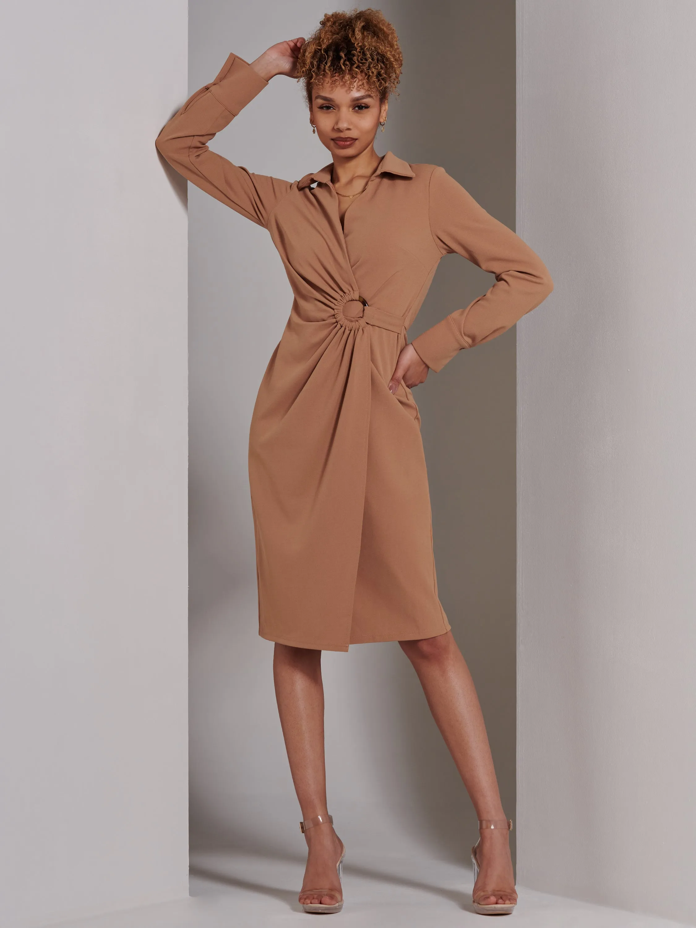 Reveka Wrap Ruched Shirt Dress, Camel