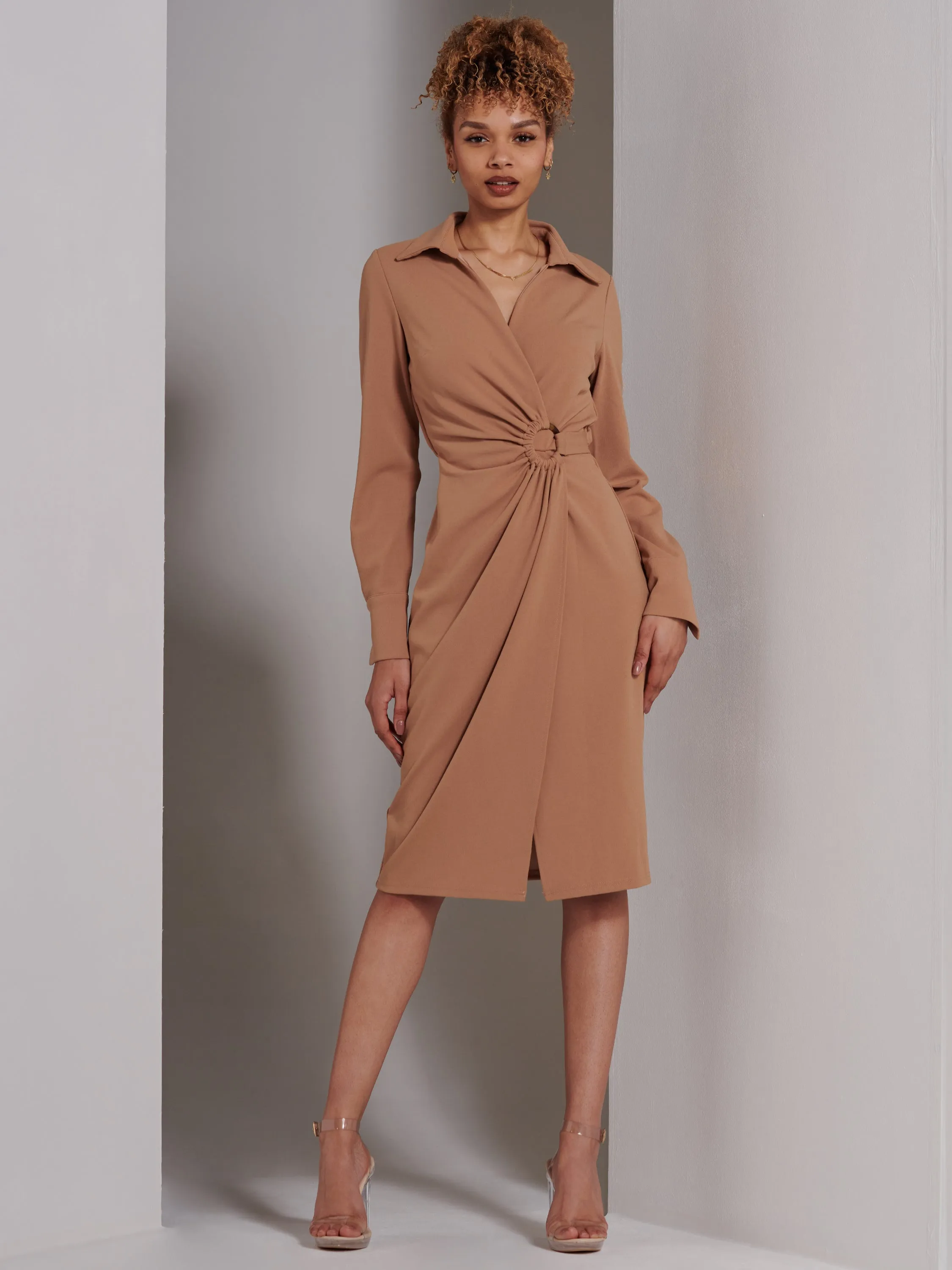 Reveka Wrap Ruched Shirt Dress, Camel