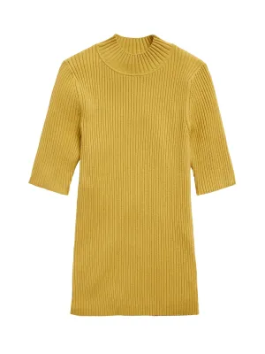 Ribbed Mock-Neck Sweater Top in Green Ochre