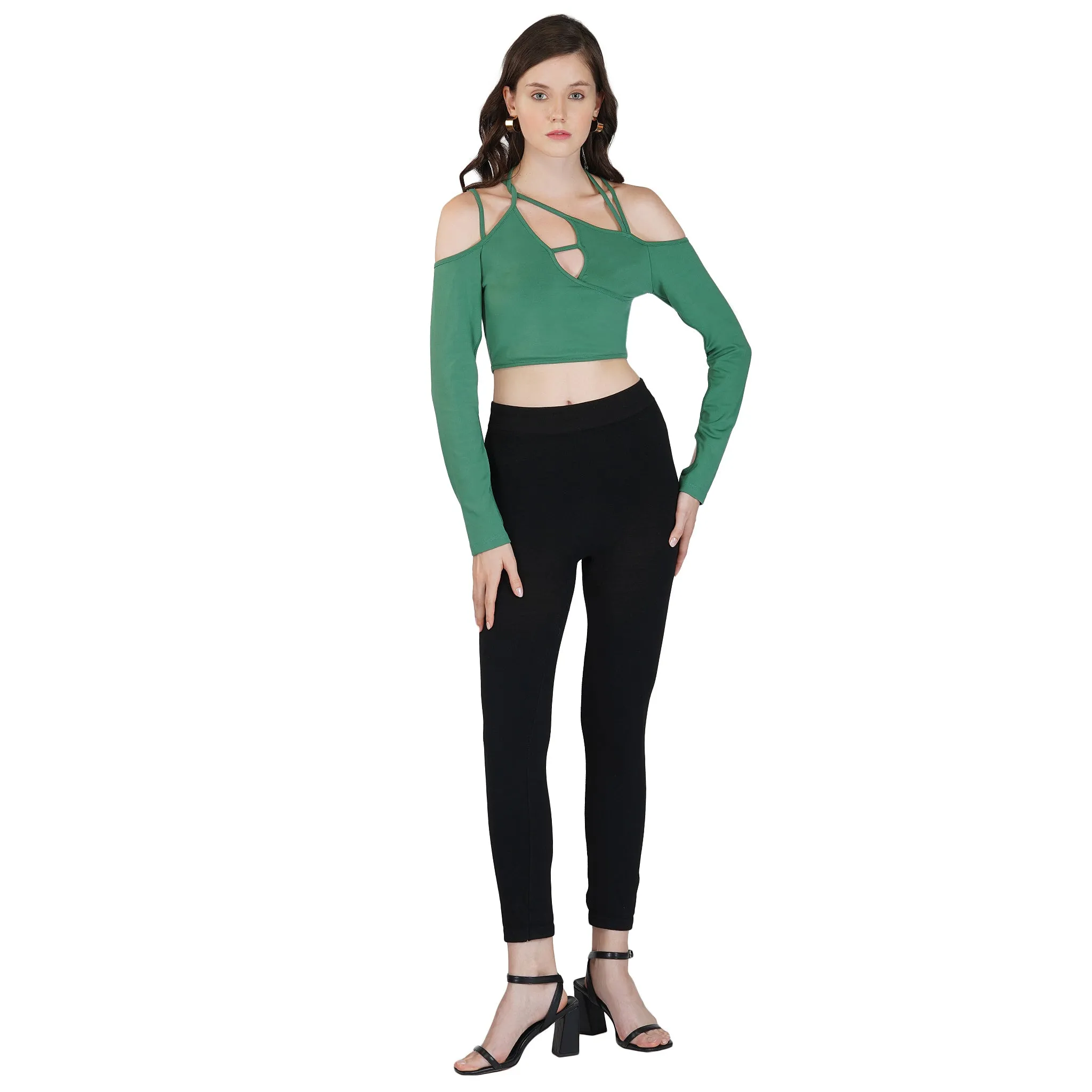 SLAY. Women's Cutout Long Sleeve Asymmetrical Crop Top Green