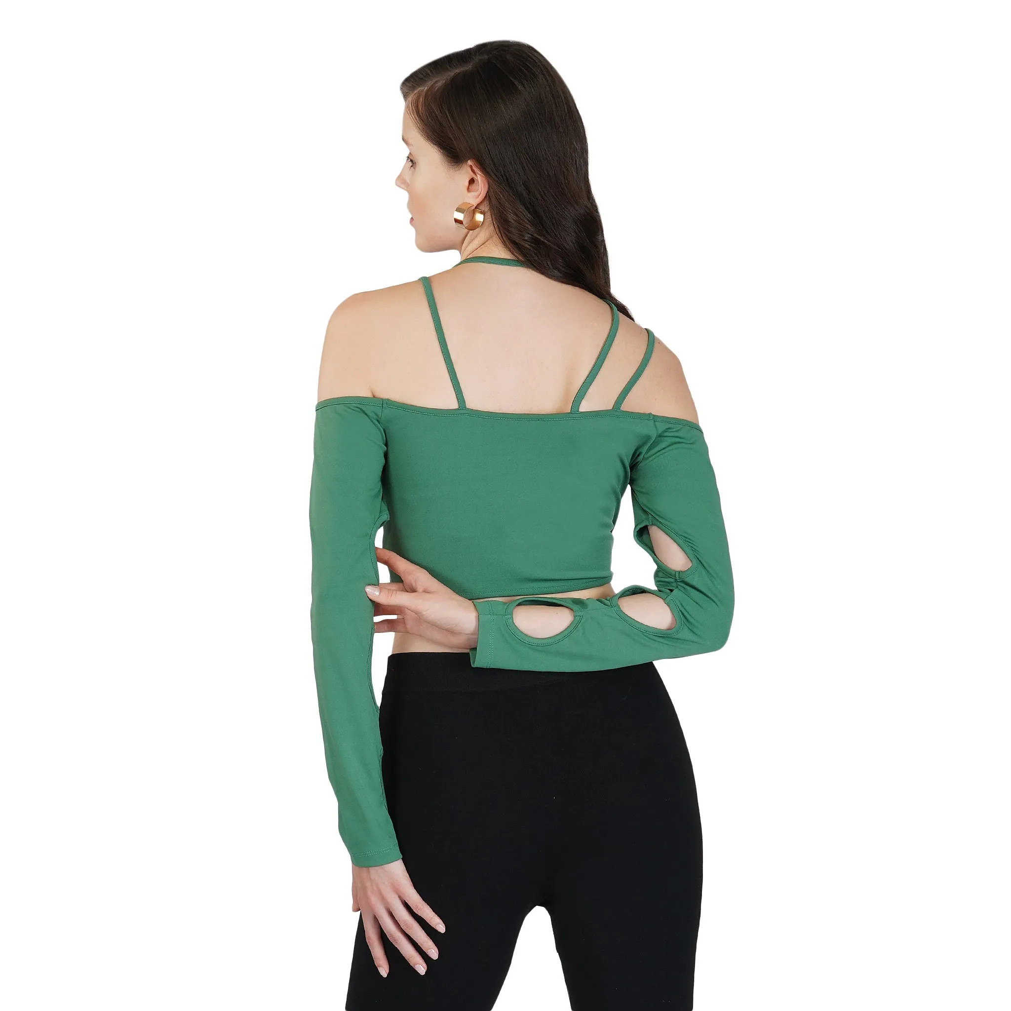 SLAY. Women's Cutout Long Sleeve Asymmetrical Crop Top Green