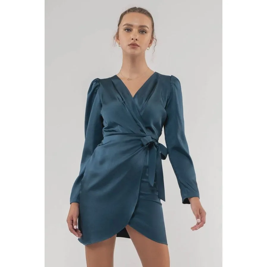 Solid Satin Surplice Wrap Mini Dress