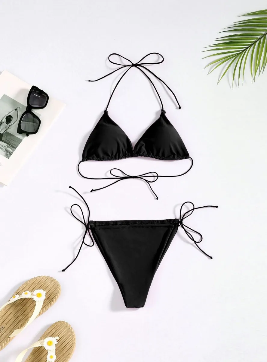 Three-point Solid Color Simple String Strap Bikini