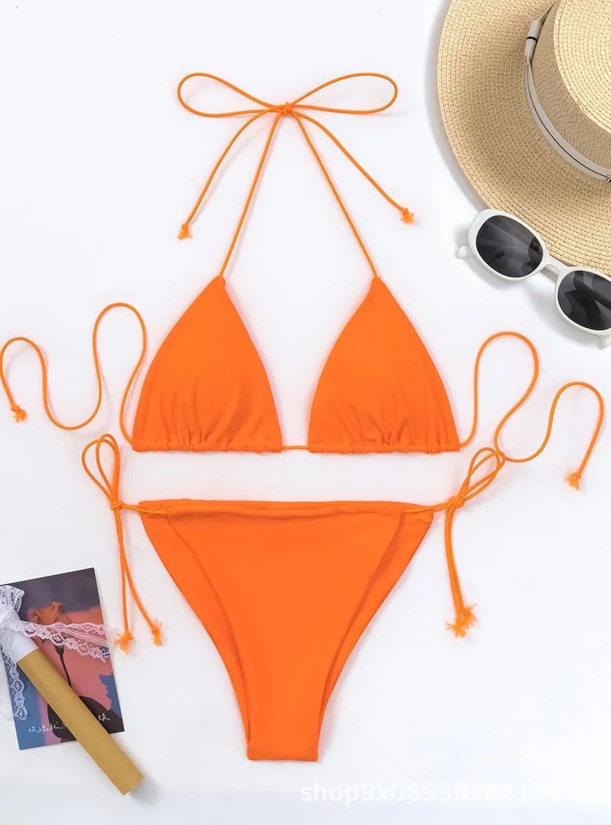 Three-point Solid Color Simple String Strap Bikini