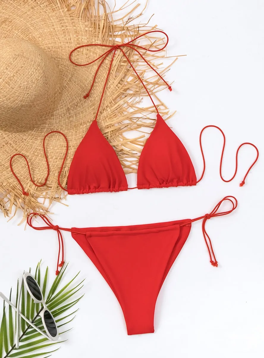 Three-point Solid Color Simple String Strap Bikini