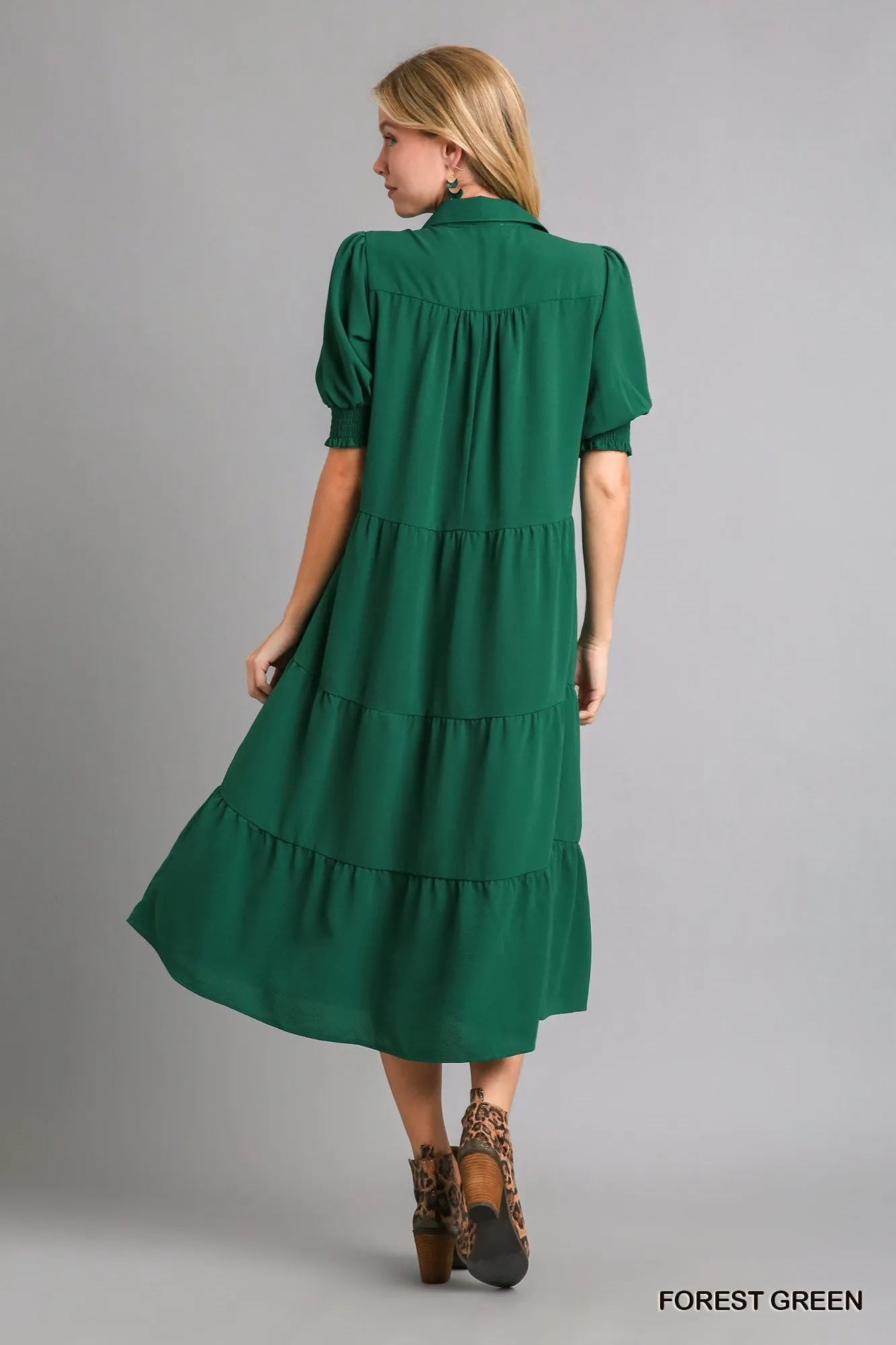 UMGEE Collared Tiered Midi Dress with Cuffed 3/4 Sleeves