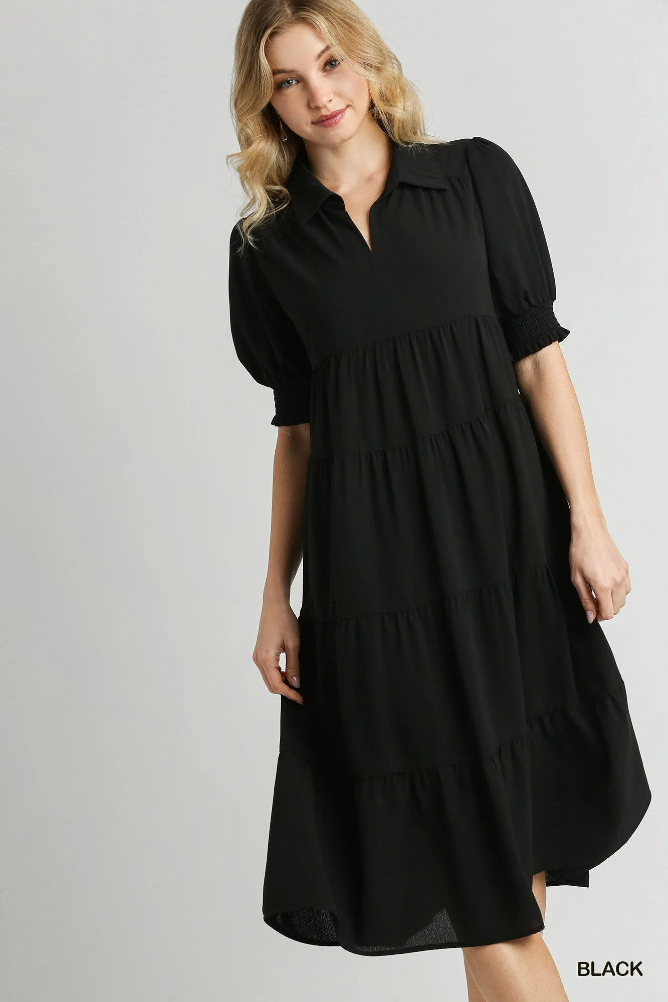 UMGEE Collared Tiered Midi Dress with Cuffed 3/4 Sleeves