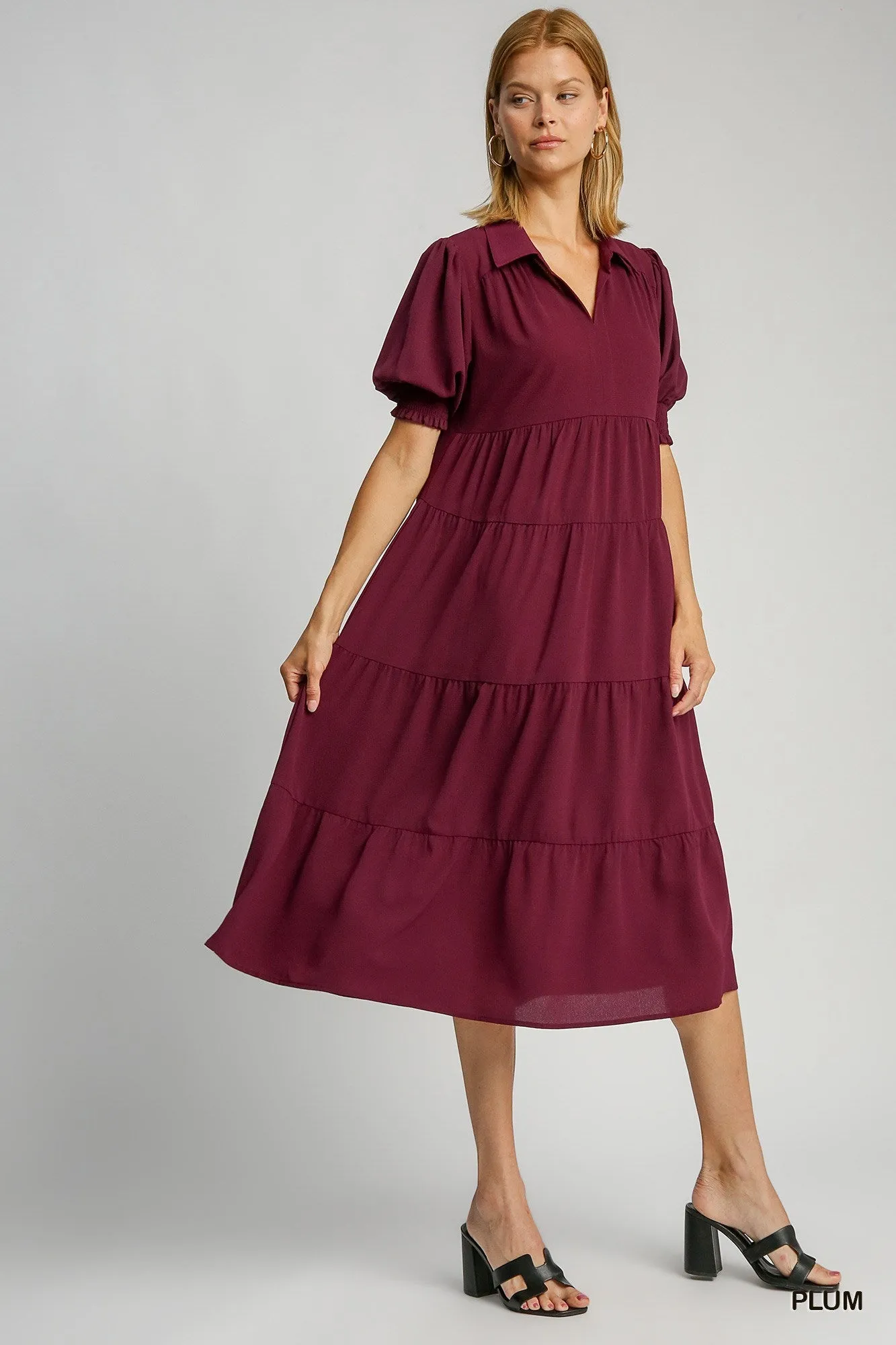 UMGEE Collared Tiered Midi Dress with Cuffed 3/4 Sleeves