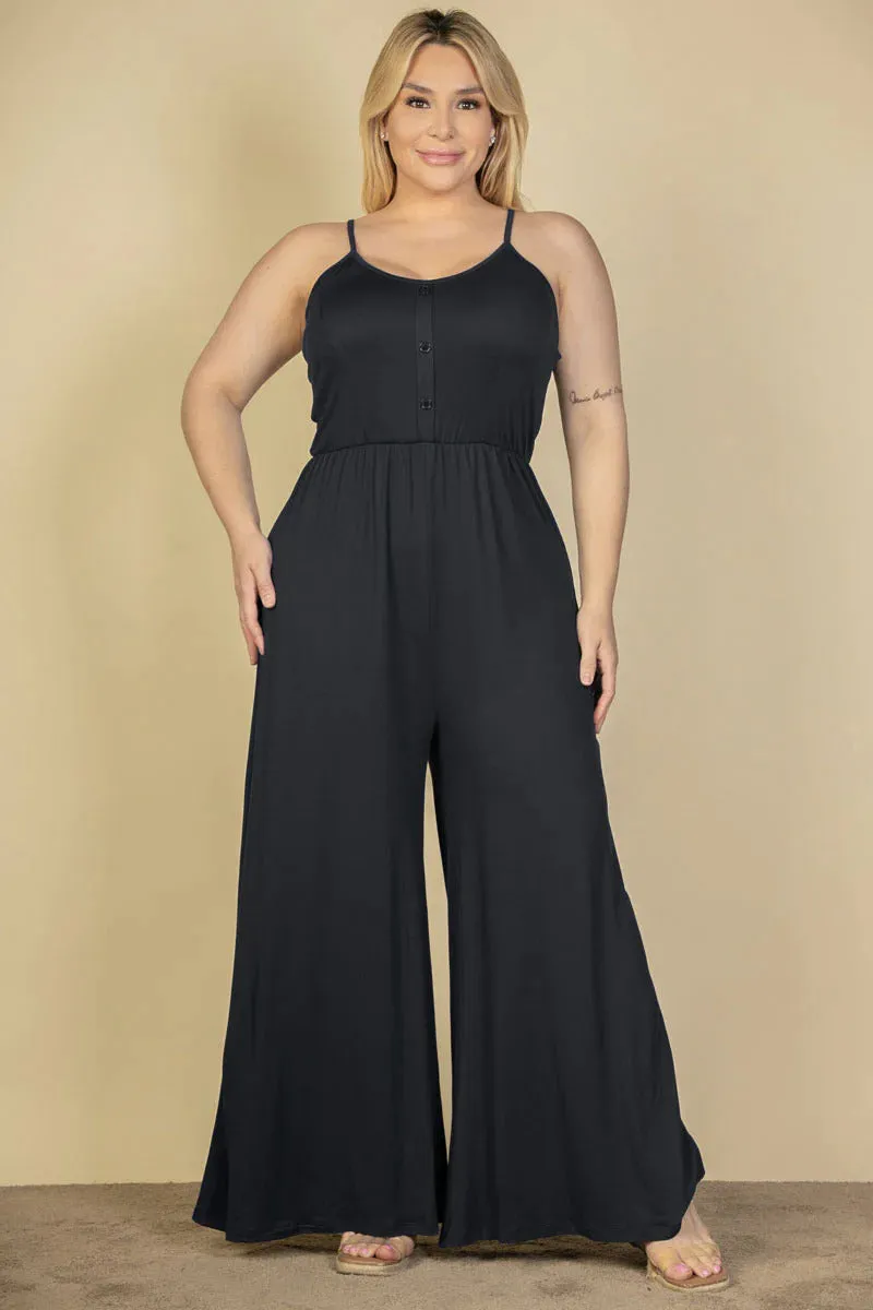 Voluptuous ( ) Plus Size Button Front Wide Leg Jumpsuit - 4 colors