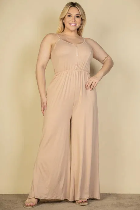 Voluptuous ( ) Plus Size Button Front Wide Leg Jumpsuit - 4 colors