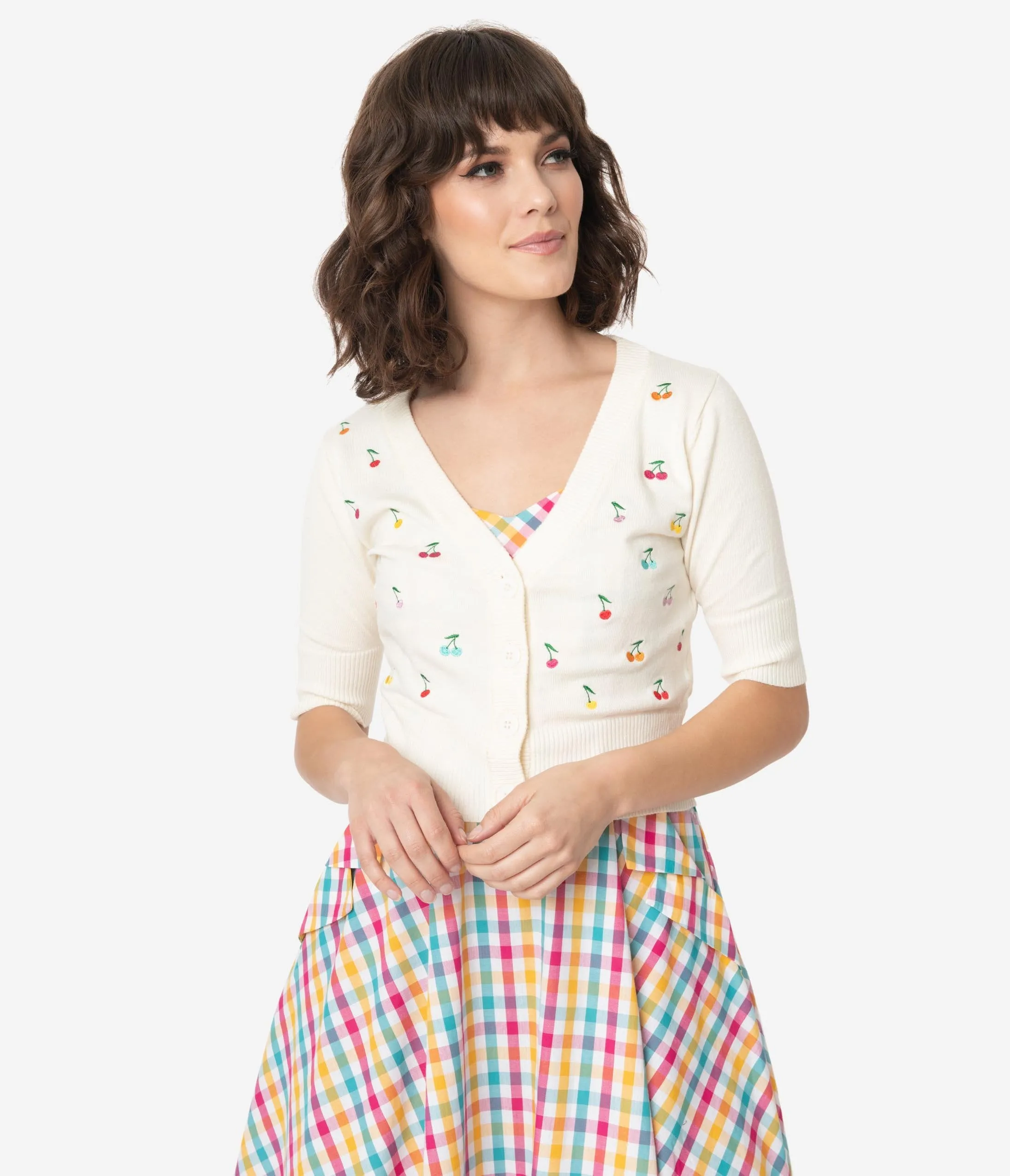 Voodoo Vixen Cream & Multicolor Cherries Catorina Crop Cardigan