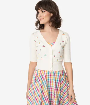 Voodoo Vixen Cream & Multicolor Cherries Catorina Crop Cardigan