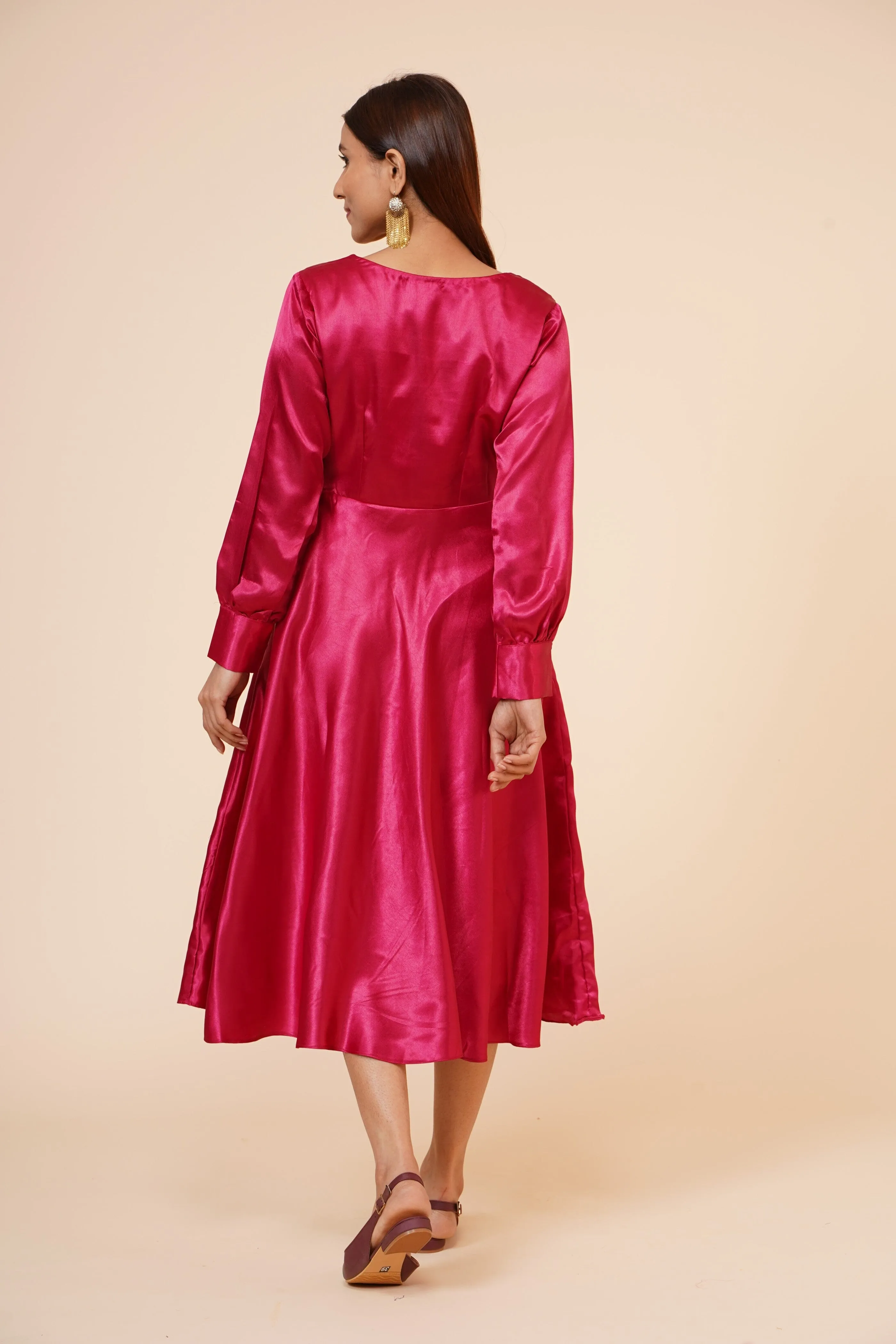 Women's Empire Line with Cuff Satin Wrap Dress Maroon